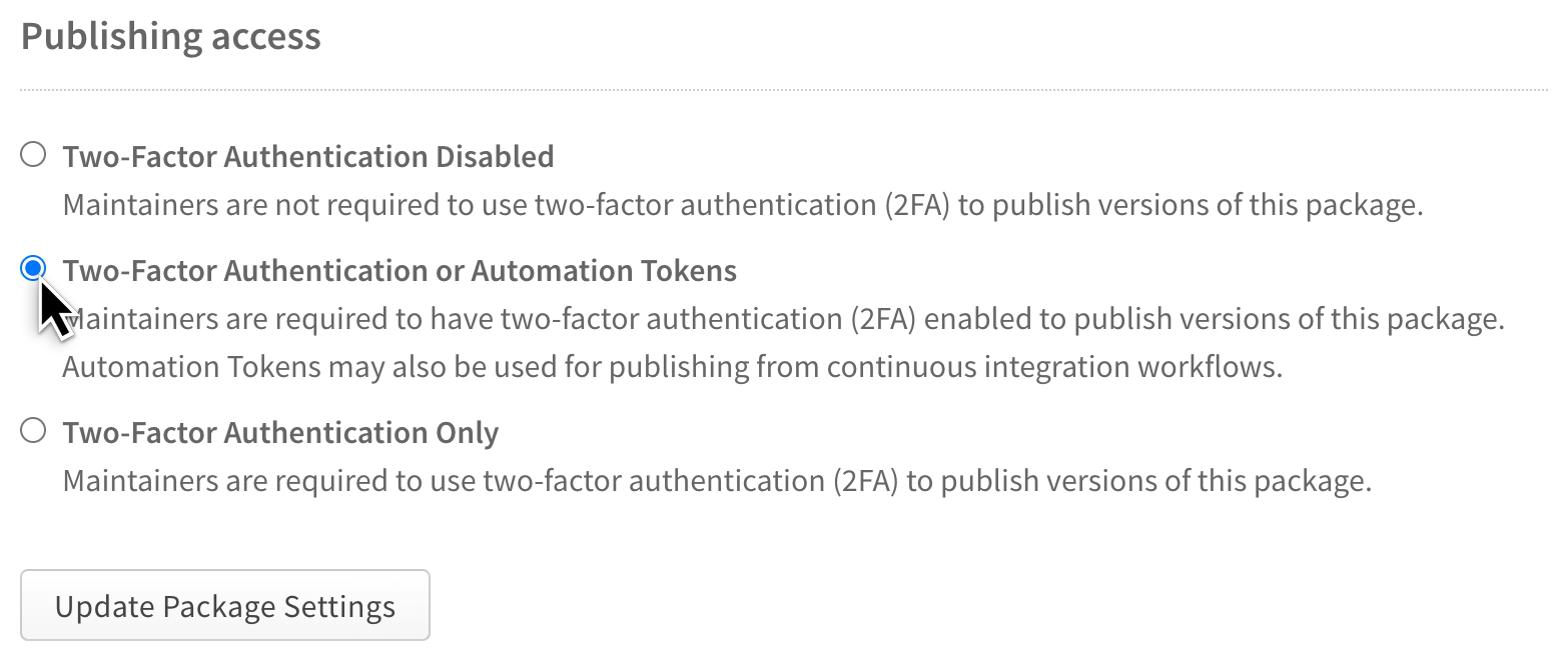 Screenshot showing the require two-factor option for a package